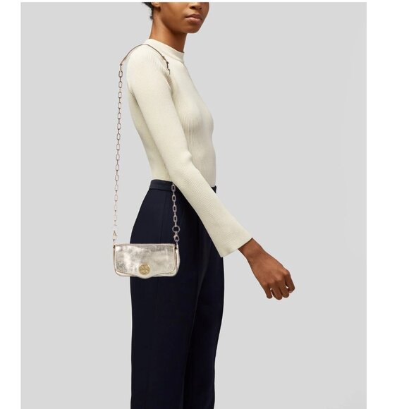 TORY BURCH - Distressed Metallic Gold Leather Mini Chain Clutch/ Crossbody Purse - Picture 14 of 16